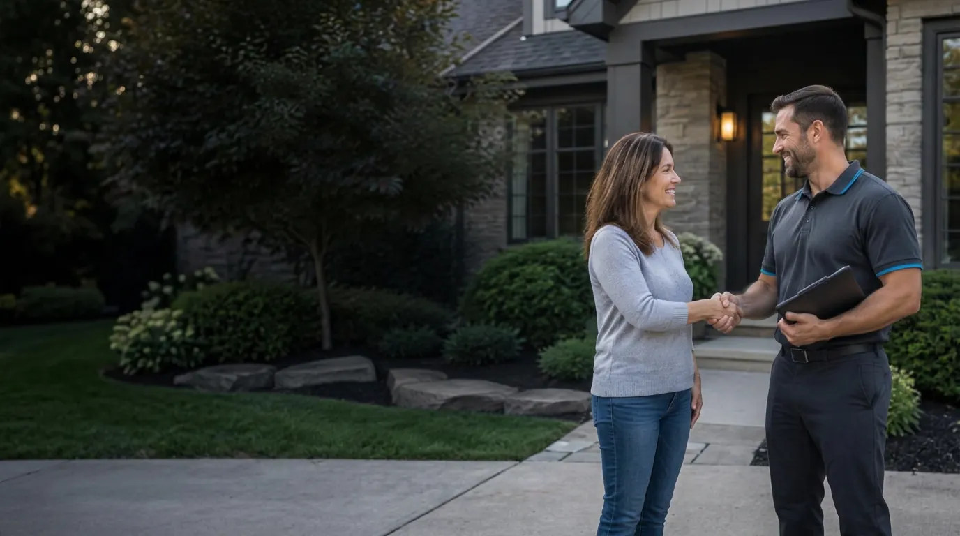 A homeowner shaking hands with a Sykuta sales representative outside her home